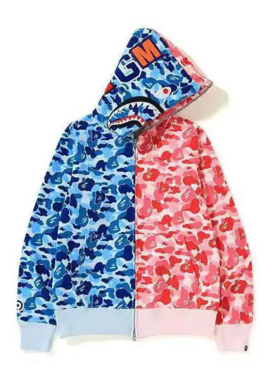 Letter Printed Full Zip Bape Pink Shark Hoodie